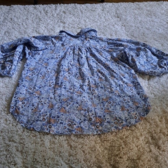 Free People Floral Button Down Blouse Blue Puff Sleeve Pleated Boho Top - Picture 2 of 12